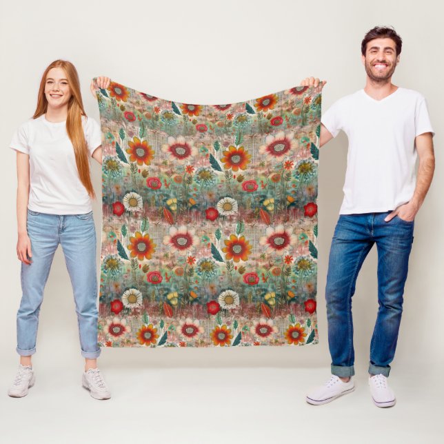 Retro Hippie: Roter Blumengarten Fleecedecke (Beispiel)