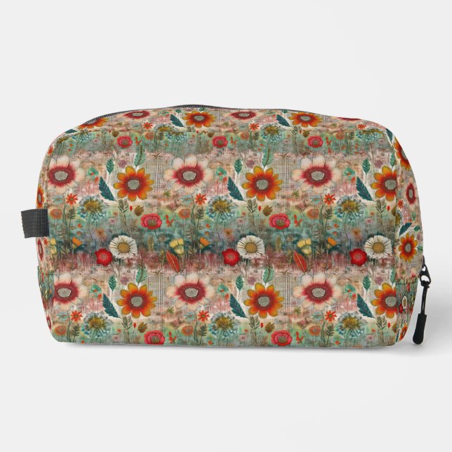 Retro Hippie: Roter Blumengarten Toilettenbeutel Waschbeutel (Vorderseite)