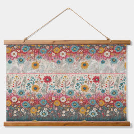 Retro Hippie: Roter Blumengarten Wandteppich Mit Holzrahmen