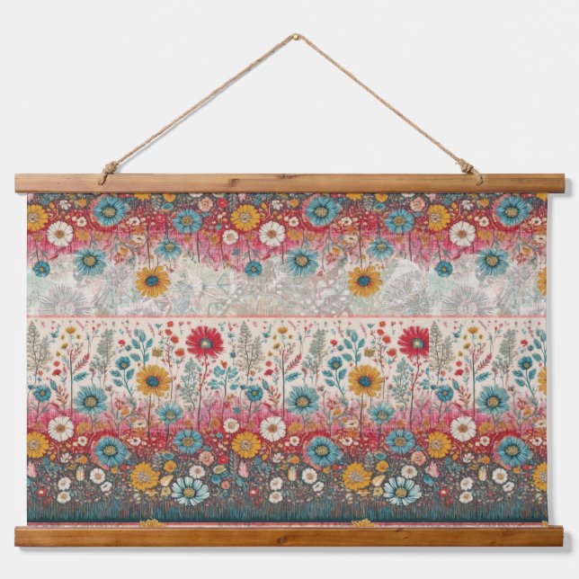 Retro Hippie: Roter Blumengarten Wandteppich Mit Holzrahmen (Vorne)