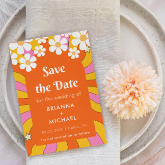 Retro Hippie Style Daisy & Orange Arch 70er Groovy Save The Date