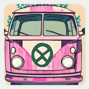 Retro-Hippie-Van-Blumen-Vintage-Farben-Kunst Quadratischer Aufkleber