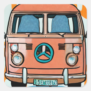 Retro-Hippie-Van in Vintage-Farben Kunst Quadratischer Aufkleber