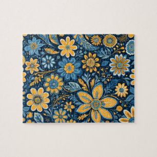 Retro Hippie Vintage Blume Design Yellow Blue Puzzle