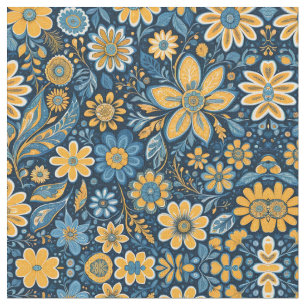 Retro Hippie Vintage Blume Design Yellow Blue Stoff