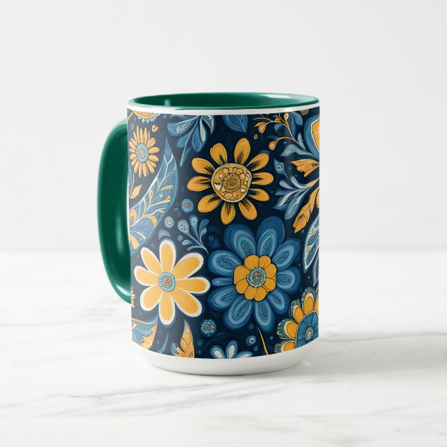 Retro Hippie Vintage Blume Design Yellow Blue Tasse (Vorderseite Links)