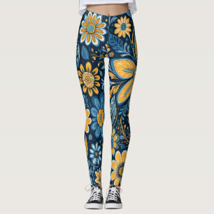 Retro Hippie Vintage Blumen Design Gelb Blau Leggings