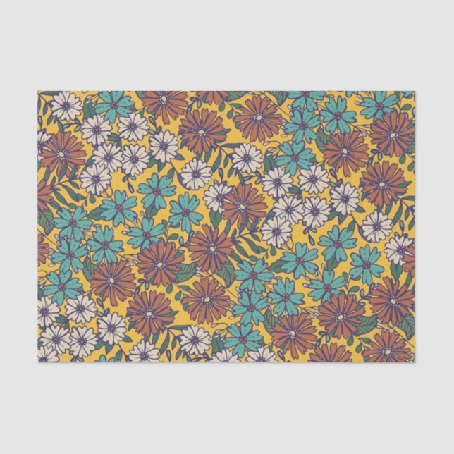 Retro Hippie Yellow Turquoise 70er Floral Muster Seidenpapier (Vorderseite)