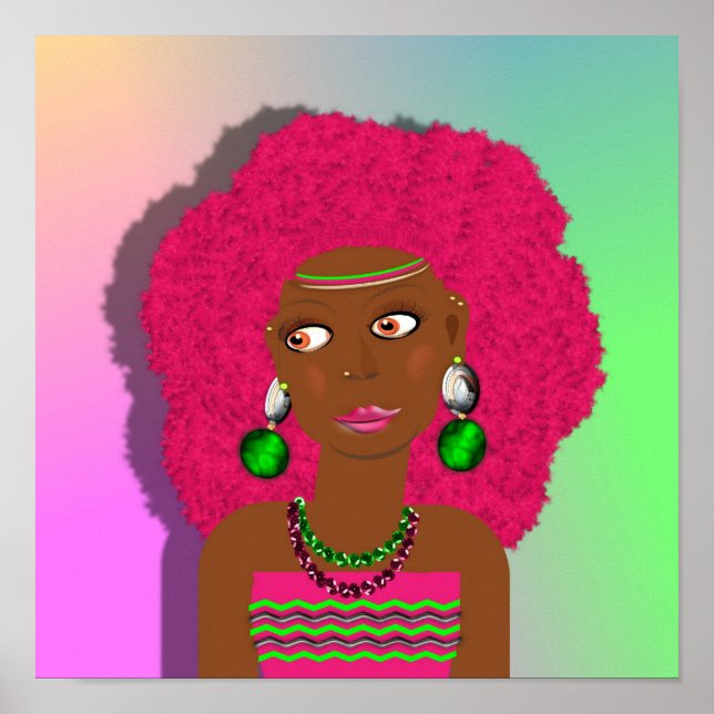 Retro Hippy Psychedelic Disco Diva Pink Afro Girl Poster (Vorne)