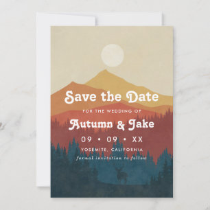 Retro-Hochzeit in den Bergen und Wäldern Save The Date