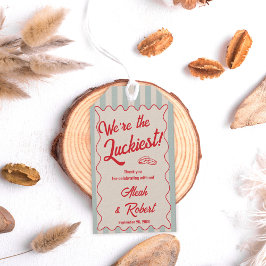 Retro-Hochzeit mit rotem Schriftzug und blauen Str Geschenkanhänger