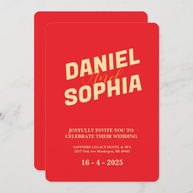 Retro Hochzeitskarte Rot Einladung (Vorne/Hinten)