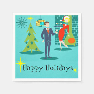 Retro Holiday Cartoon Couple Cocktail Napkins Serviette