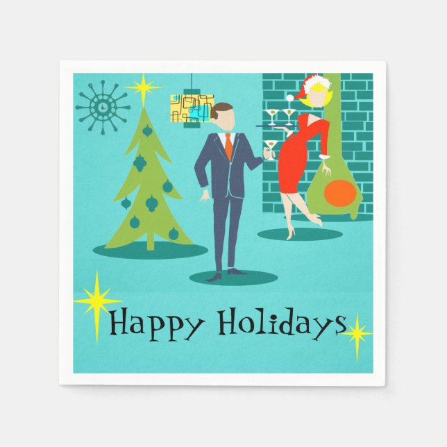 Retro Holiday Cartoon Couple Cocktail Napkins Serviette (Vorderseite)