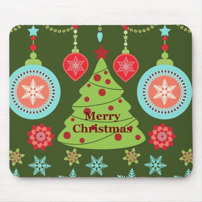 Retro Holiday Frohe Weihnachtsbaum Schneeflocken Mousepad (Vorne)
