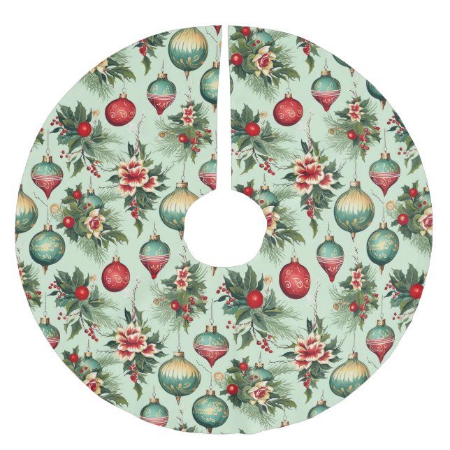 Retro Holiday Ornamente und Blume Weihnachten Polyester Weihnachtsbaumdecke (Vorderseite)