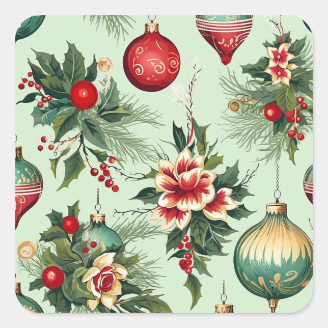 Retro Holiday Ornamente und Blume Weihnachten Quadratischer Aufkleber (Vorderseite)