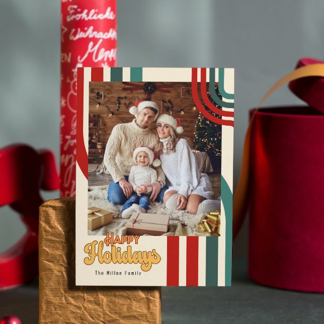 Retro Holiday Weihnachtsfreunde Familienkarte Postkarte (Von Creator hochgeladen)