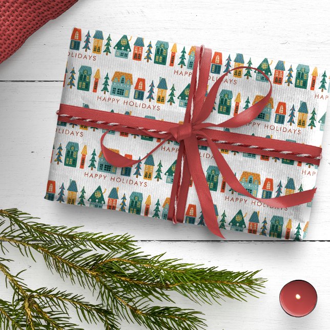Retro Holiday Wrapping Paper Geschenkpapier (Happy Holidays Retro Houses Wrapping Paper)