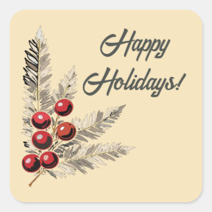 Retro Holly Berries und Evergreen Quadratischer Aufkleber