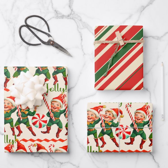Retro Holly Jolly Christmas Elves Geschenkpapier Set (Vorderseite)