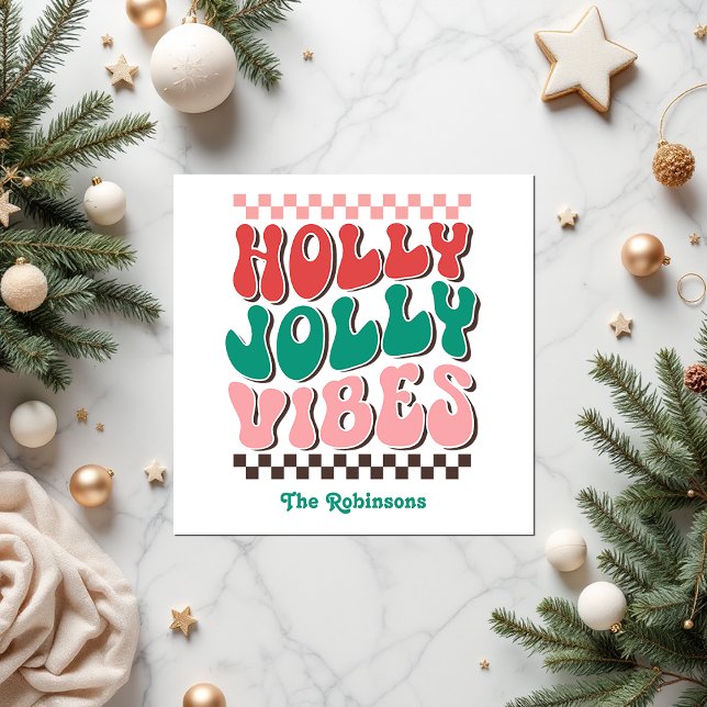 Retro Holly Jolly Vibes Custom Christmas Party Serviette (Retro Holly Jolly Vibes Custom Christmas Party Napkins)