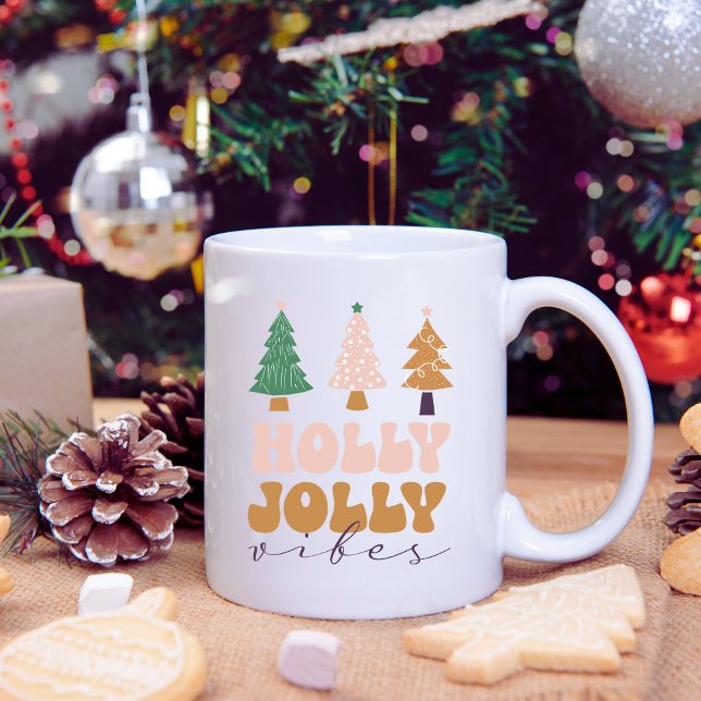 Retro Holly Jolly Vibes Weihnachtsfeier Tasse (Von Creator hochgeladen)
