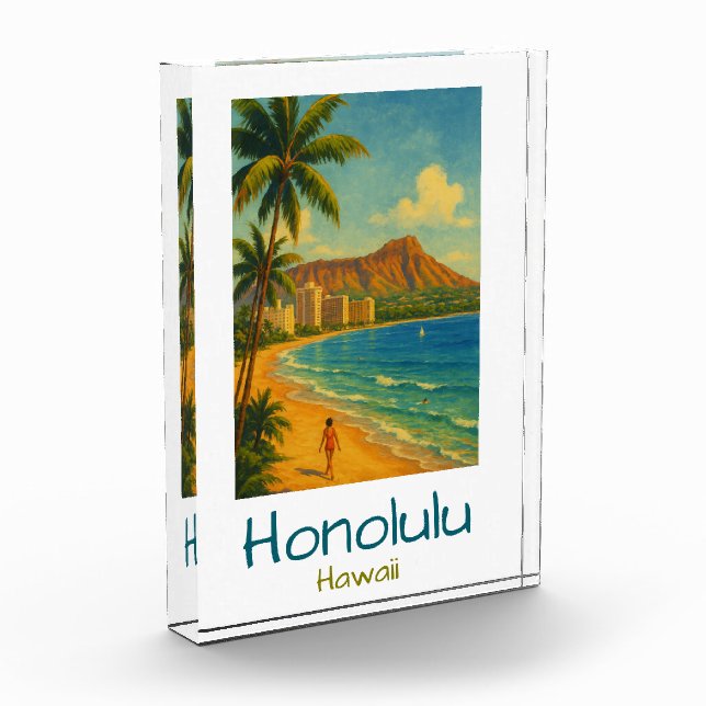 Retro Honolulu Hawaii Waikiki Beach Fotoblock (Links)