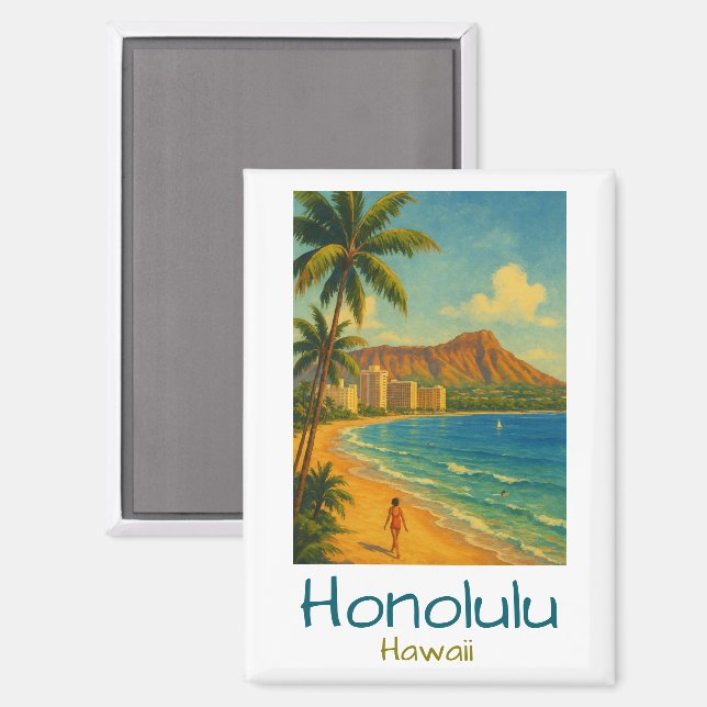 Retro Honolulu Hawaii Waikiki Beach Magnet (Vorderseite/Rückseite)