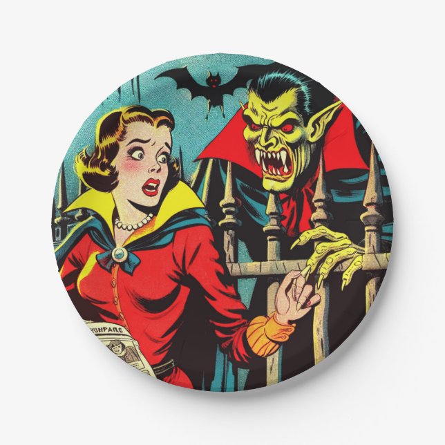 Retro Horror Vampire Comicen Pappteller (Vorderseite)