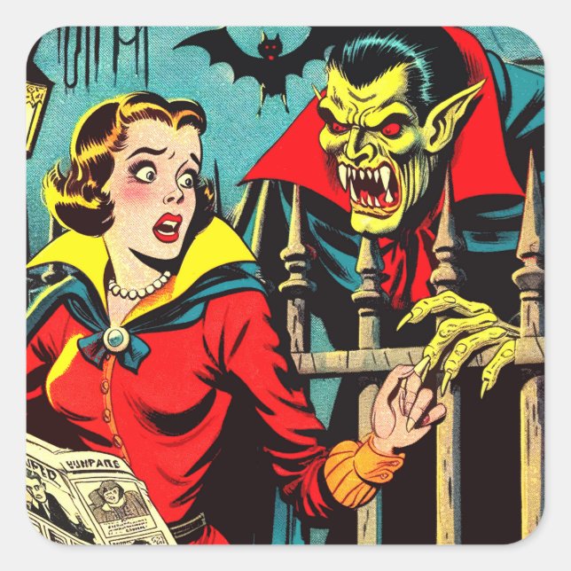 Retro Horror Vampire Comicen Quadratischer Aufkleber (Vorderseite)