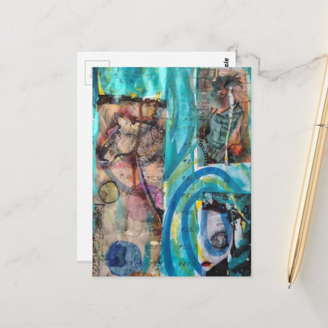 Retro Horse, Donkey, and a Doll Unique Mixed Media Postkarte (Vorderseite/Rückseite Beispiel)