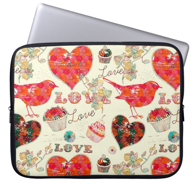 Retro Hört Vögel und Valentinstag Elemente Laptopschutzhülle (Vorderseite)