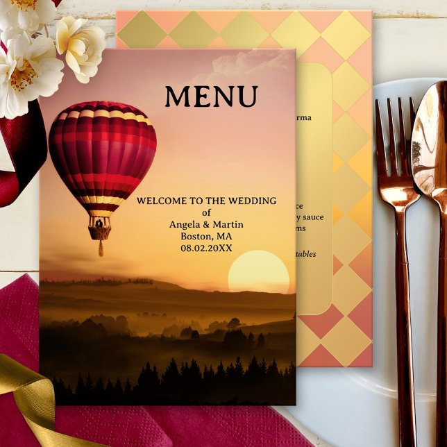 Retro Hot Air Ballon Sunset Wedding Menu Card (Wedding menu card featuring a hot air balloon at sunset over a dreamy landscape)