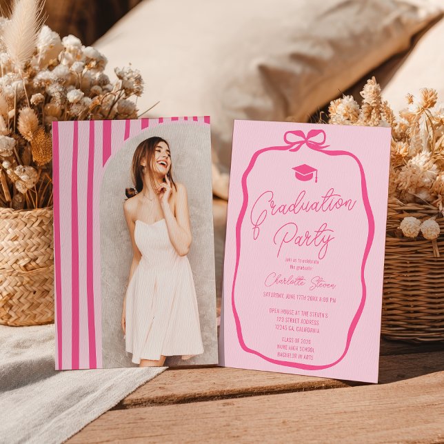 Retro Hot Pink Coquette Bow photo graduation Einladung (Retro Hot Pink Coquette Bow photo graduation Invitation)