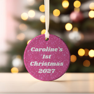 Retro Hot Pink Glitter Funkeln y2k Personalisiert Keramik Ornament
