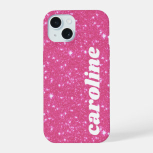 Retro Hot Pink Glitzer Funkeln Personalisierter Na iPhone 15 Hülle