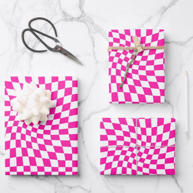 Retro Hot-Pink-Karo Warped Checkered Dorm Geschenkpapier Set (Vorderseite)