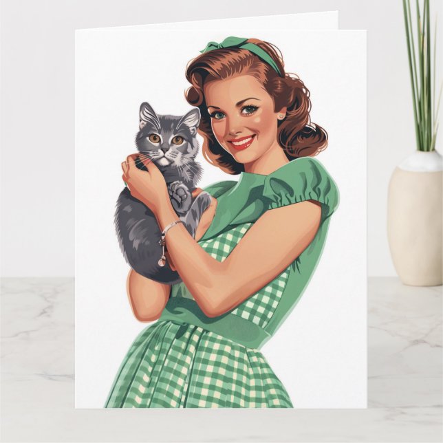 RETRO HOUSEWIFE CAT MAMA GREETKARTE KARTE (Vorderseite)