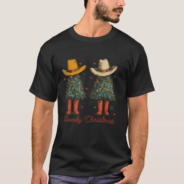Retro Howdy Christmas Cowboy Christmas Tree Wester T-Shirt (Vorderseite)