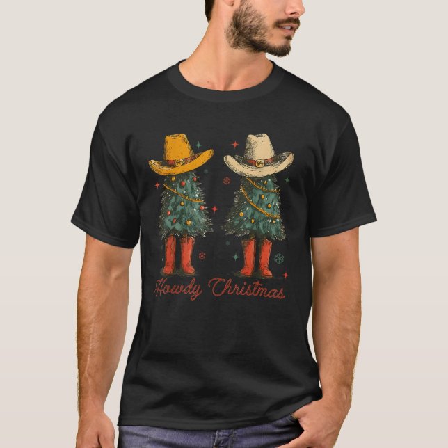 Retro Howdy Christmas Cowboy Christmas Tree Wester T-Shirt (Vorderseite)