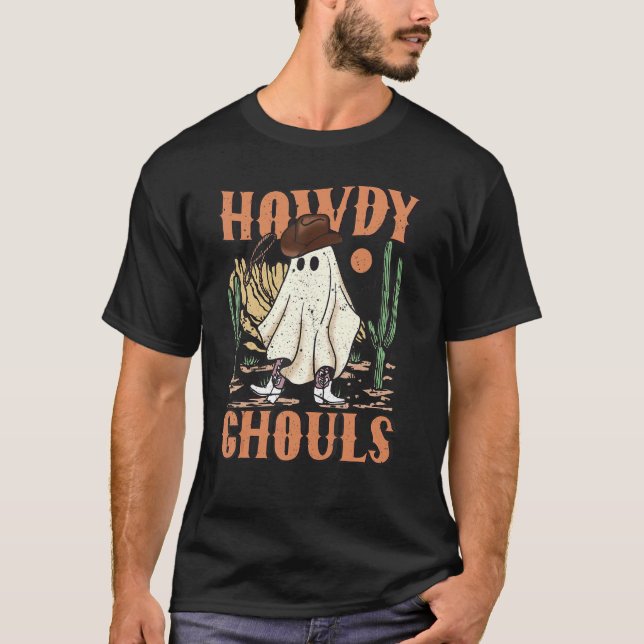 Retro Howdy Ghouls Western Halloween Ghost Spooky T-Shirt (Vorderseite)