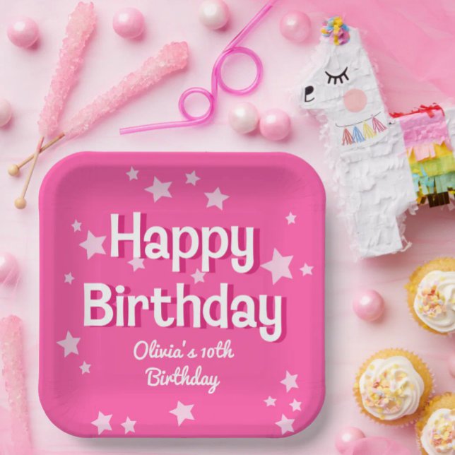 Retro Hübsch rosa Sterne Happy Birthday Pappteller (Von Creator hochgeladen)