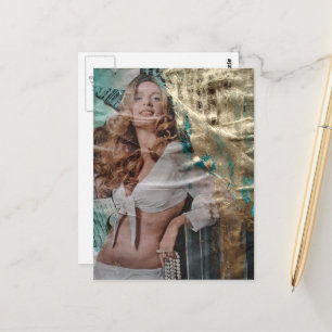 Retro hübsche Blondine mit Perlen Collage Postkarte