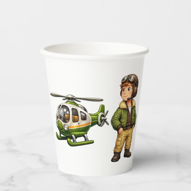 Retro-Hubschrauber-Pilot-Junge mit Vintage-Chopper Pappbecher (Vorderseite)