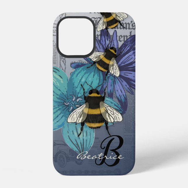 Retro Hummel-Blumenmonogramm iPhone Hülle (Rückseite)