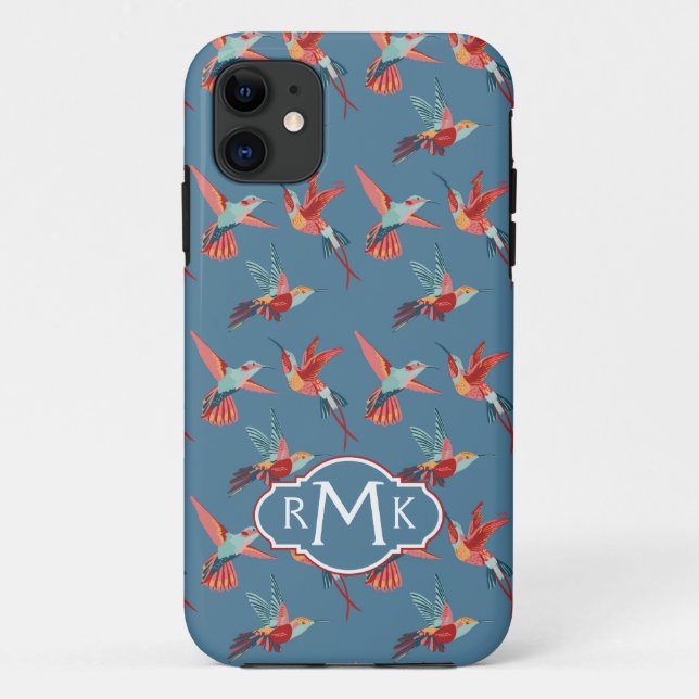Retro Hummingbird-Muster| Monogramm Case-Mate iPhone Hülle (Rückseite)