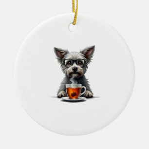 Retro-Hund hält Tee mit Brille Retro-Haustier-Illu Keramik Ornament