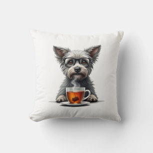Retro-Hund hält Tee mit Brille Retro-Haustier-Illu Kissen