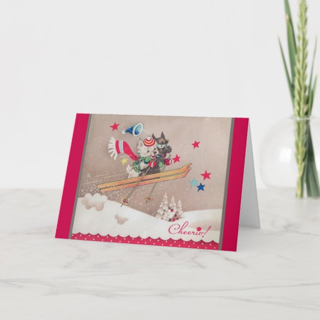 Retro Hunde Skifahren Weihnachts Grußkarte Feiertagskarte (Vorderseite)